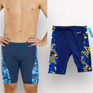 🇪🇸🐠NWT Sporti Zagged Splice Jammer swimsuit blue gold size 28 drawstring